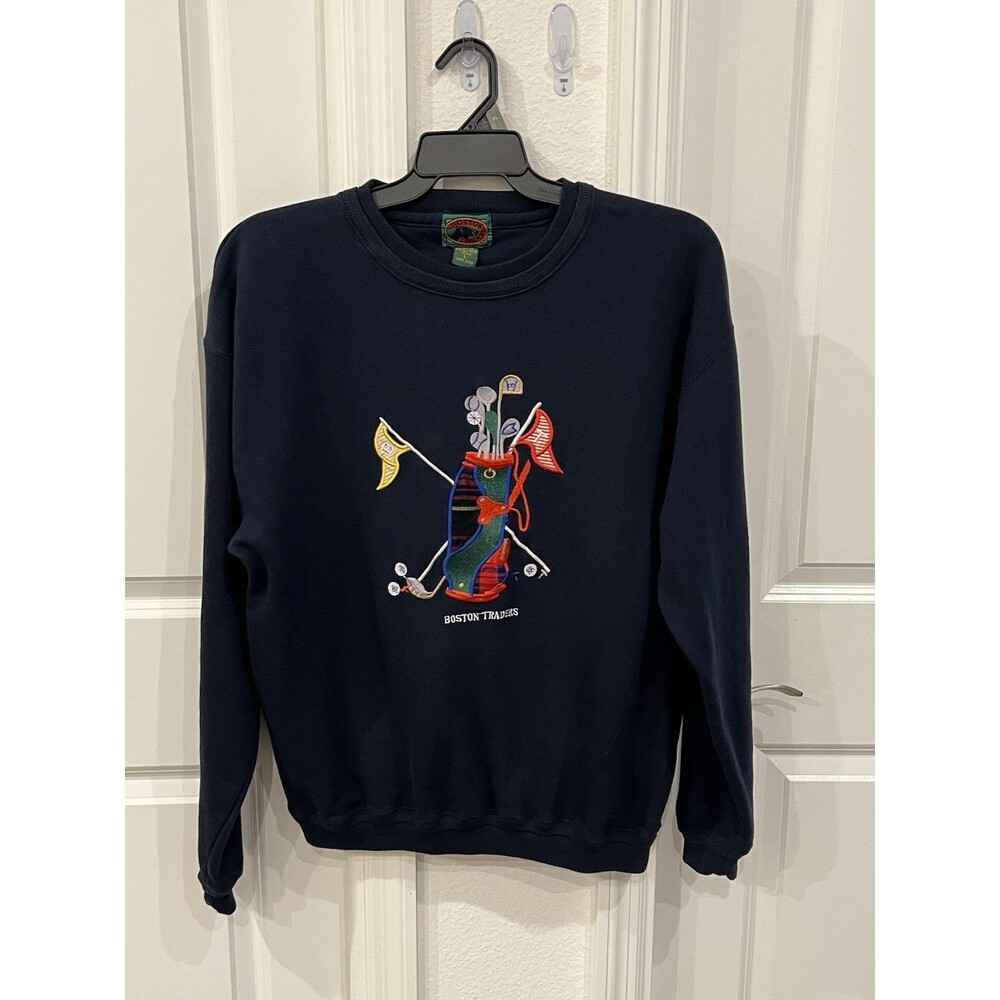 Vintage Boston Traders Mens Size L Navy Blue Embroidered Golf Sweater *RARE*